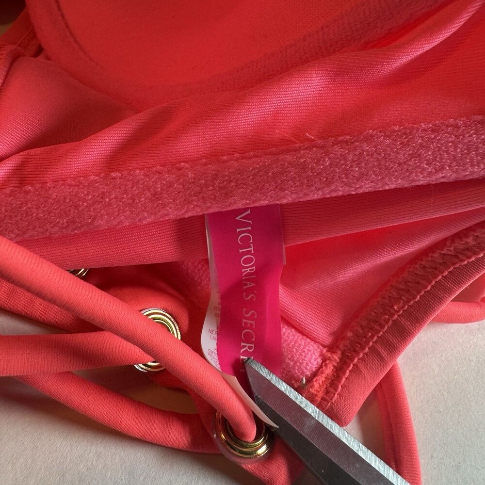 Victoria's Secret Bright Pink bandeau bikini top Lace Up Back Swim Size 36DD - Picture 5 of 8